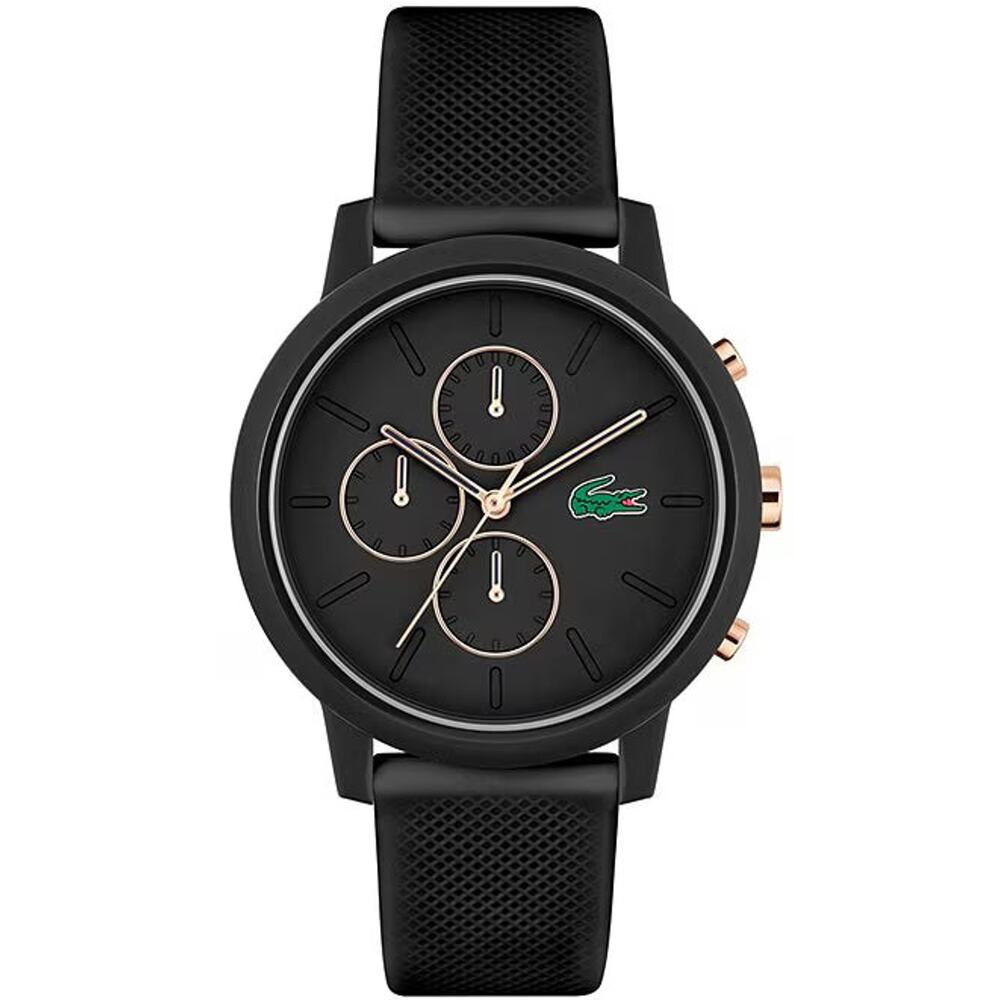 Lacoste Black Silicone Strap Watch with Rose Gold Accents and Green Logo